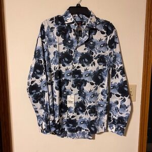 J. Ferrar Navy Flower Print Stretch Slim Fit Men's Button Down Shirt M